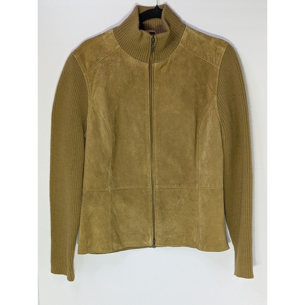 Covington‎ Womens Brown Leather Suede Wool Blend Knit Zip Jacket L Equestrian - Picture 2 of 9